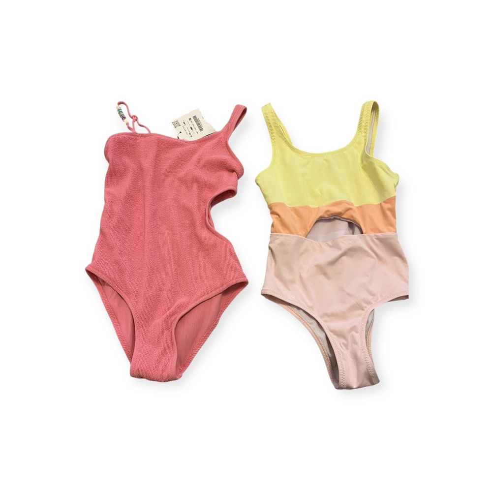 Zara Girls 9-10 Swimsuit Bundle – 2 One-Piece Suits | Colorblock Textured Pink